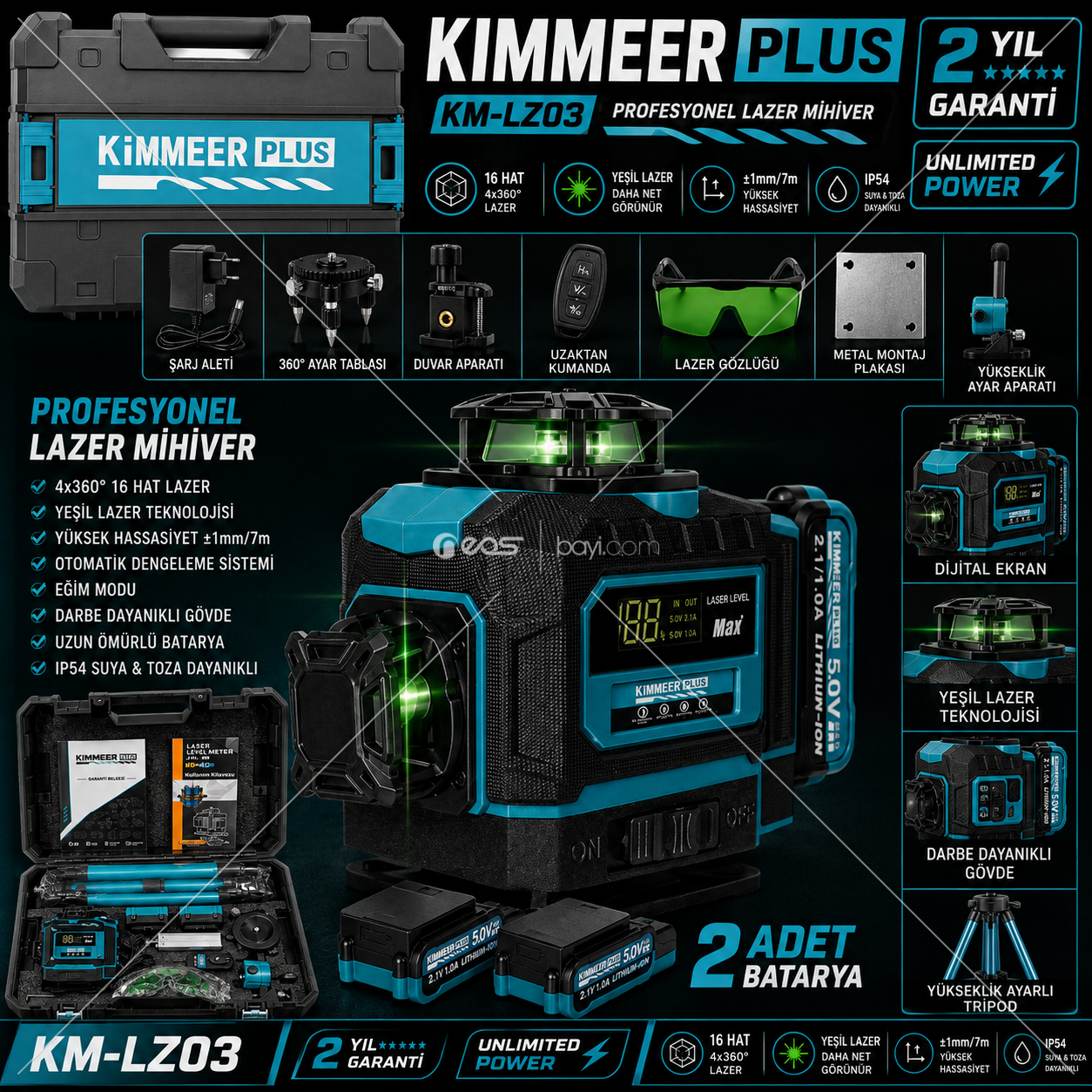 KIMMEER PLUS KM-LZ01 Profesyonel 4x360° 16 Hat Yeşil Lazer Hizalama Terazisi – Dijital Ekranlı, 2 Bataryalı, Tripodlu Tam Set MAVİ