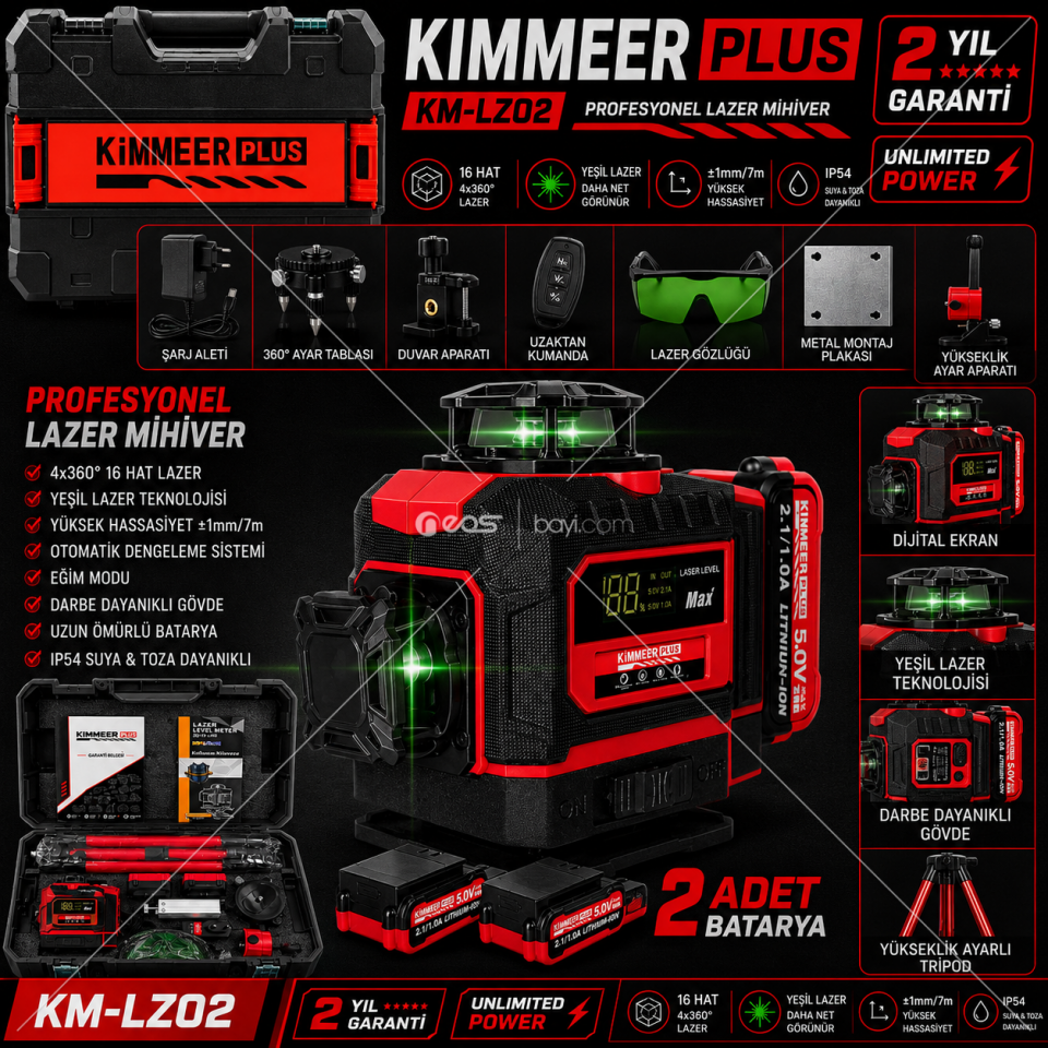 KIMMEER PLUS KM-LZ01 Profesyonel 4x360° 16 Hat Yeşil Lazer Hizalama Terazisi – Dijital Ekranlı, 2 Bataryalı, Tripodlu Tam Set KIRMIZI