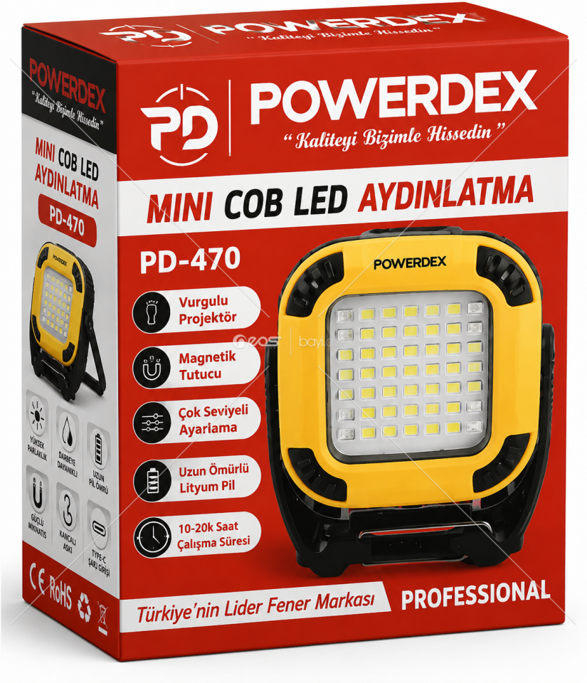 POWERDEX PD-470 Mini COB LED Profesyonel Şarjlı Aydınlatma – Manyetik Tutuculu, Vurgulu Projektörlü