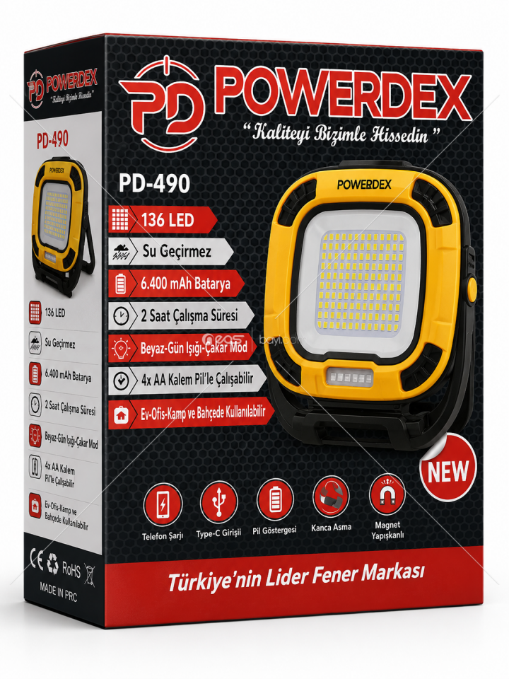 POWERDEX PD-490 136 LED 6400 mAh Şarjlı Profesyonel Kamp ve Çalışma Lambası – Powerbank Özellikli, Manyetik