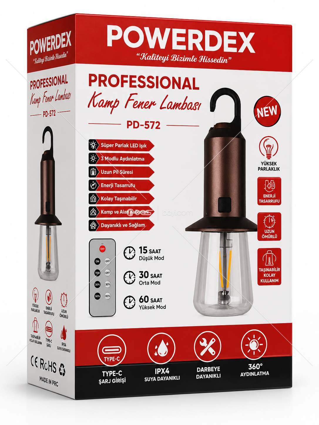 POWERDEX PD-572 Profesyonel Şarjlı LED Kamp Feneri – Uzaktan Kumandalı, 3 Modlu, Type-C, IPX4