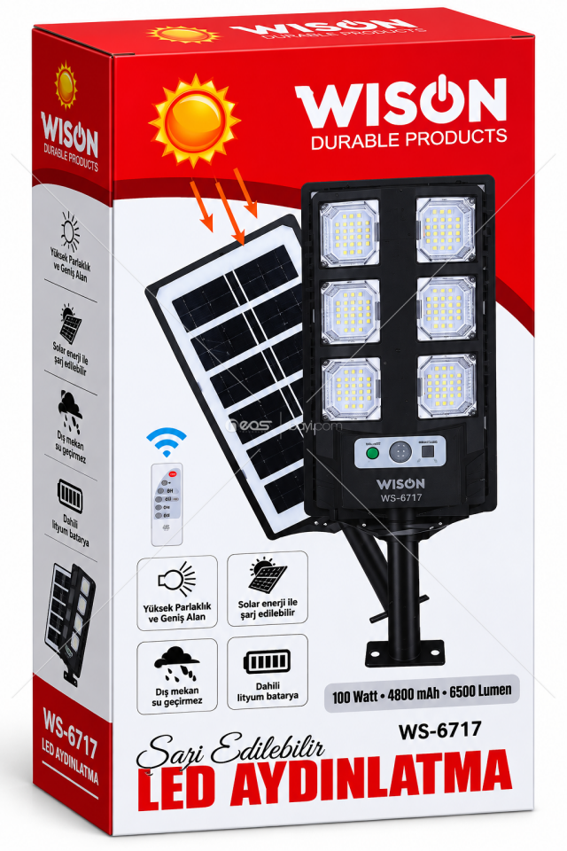 WISON WS-6717 100W 6500 Lümen Solar LED Sokak Aydınlatma – 4800 mAh, Kumandalı, Su