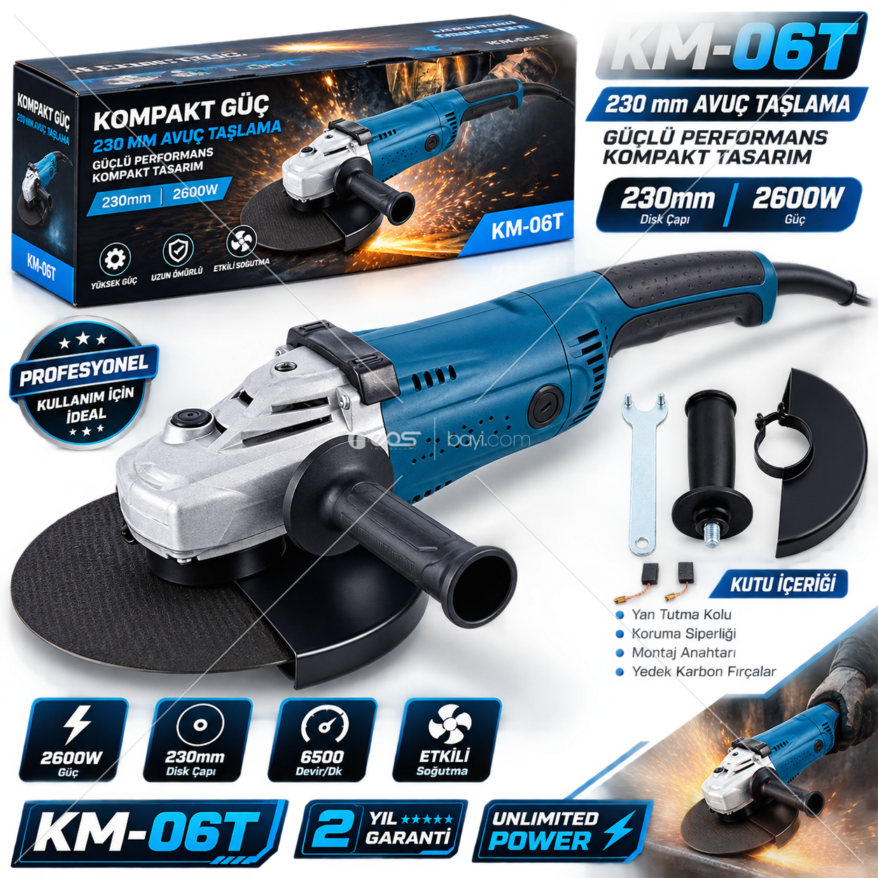 KM-06T 2600W 230MM Profesyonel Avuç Taşlama Makinesi – 6500 Devir/Dk
