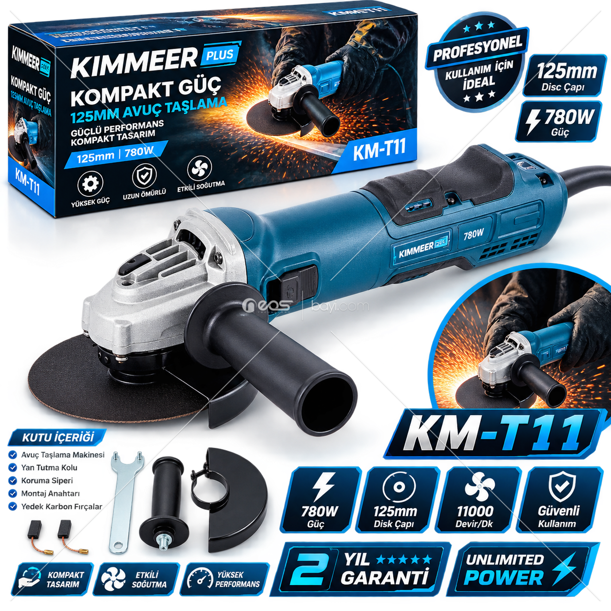 KM-11T 780W 125MM Profesyonel Avuç Taşlama Makinesi – 11.000 Devir/Dk