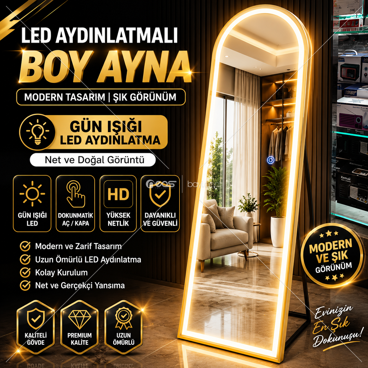 160×49 CM LED Aydınlatmalı Dokunmatik Boy Aynası – Gün Işığı LED, HD Yüksek Netlik, Modern Tasarım