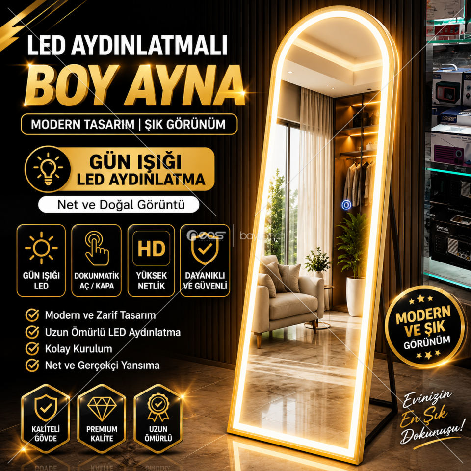 160×49 CM LED Aydınlatmalı Dokunmatik Boy Aynası – Gün Işığı LED, HD Yüksek Netlik, Modern Tasarım