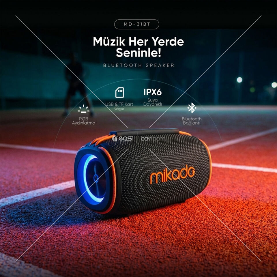 Mikado MD-31BT Siyah IPX6 15W RGB Işıklı 2400mAh TF KART+USB Destekli Bluetooth Hoparlör