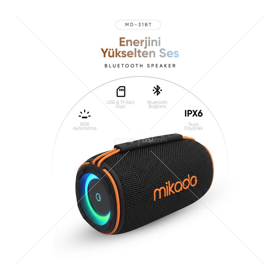 Mikado MD-31BT Siyah IPX6 15W RGB Işıklı 2400mAh TF KART+USB Destekli Bluetooth Hoparlör