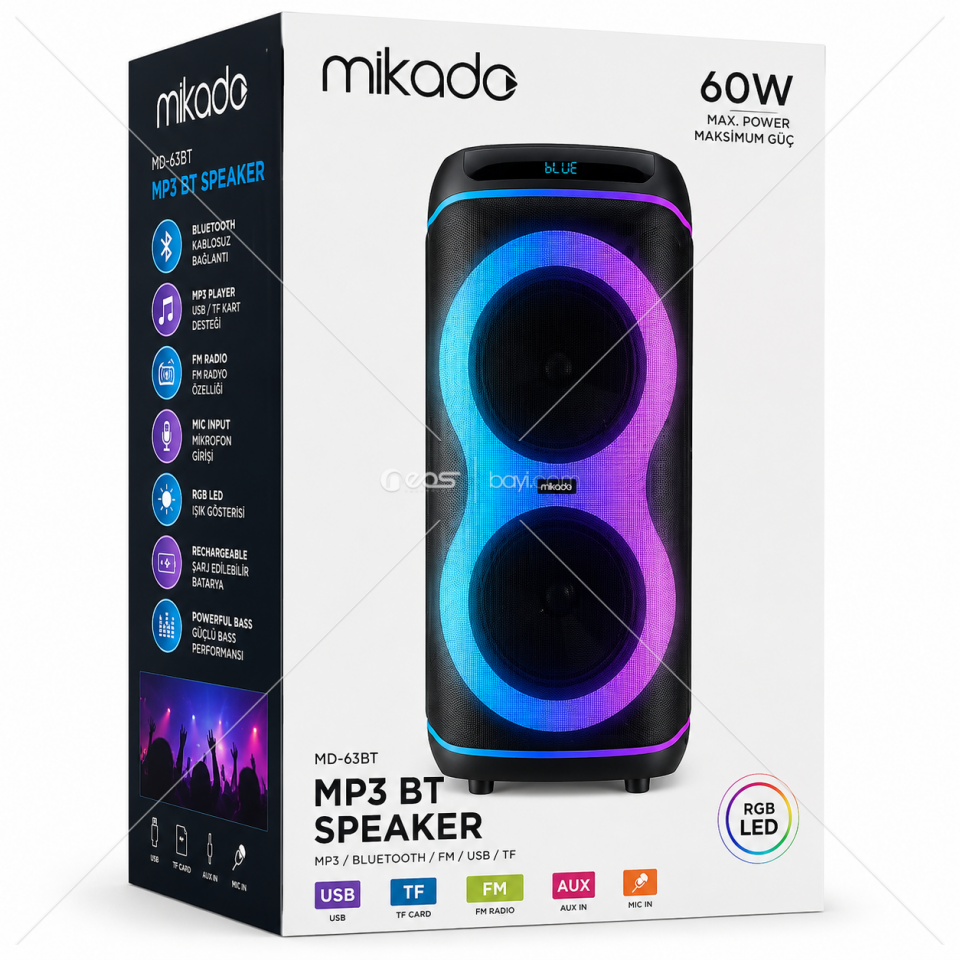 Mikado MD-63BT 60W 1 Adet Kablosuz Mikrofonlu USB+TF+TWS+AUX+BT Destekli Siyah Ses Sistemi