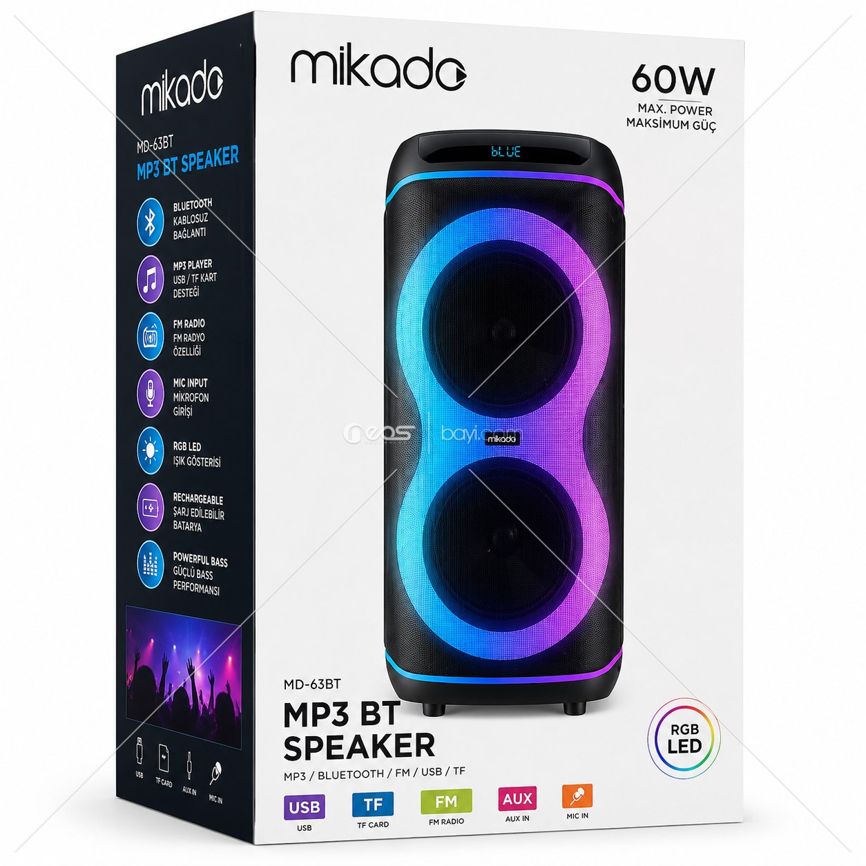 Mikado MD-63BT 60W 1 Adet Kablosuz Mikrofonlu USB+TF+TWS+AUX+BT Destekli Siyah Ses Sistemi