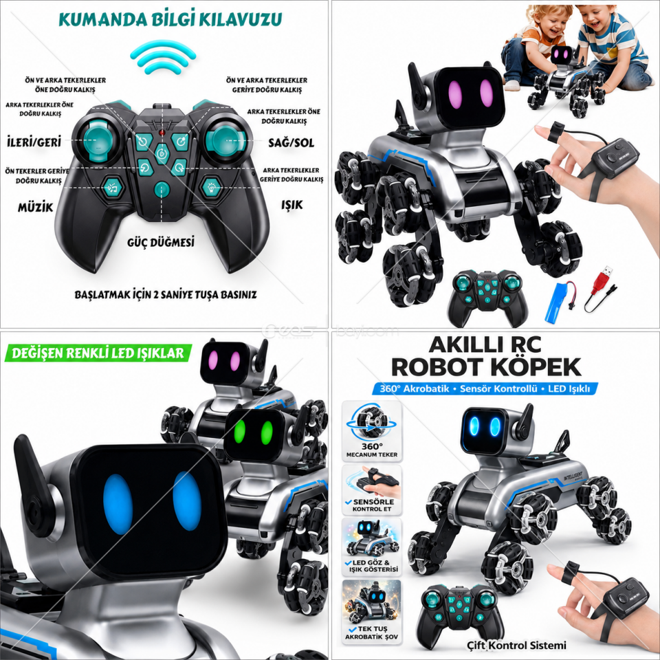 AKILLI RC ROBOT KÖPEK – 360° AKROBATİK, SENSÖR KONTROLLÜ, LED IŞIKLI & ÇİFT KUMANDALI OYUNCAK