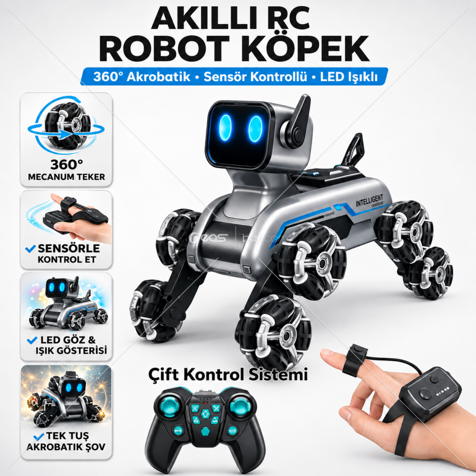 AKILLI RC ROBOT KÖPEK – 360° AKROBATİK, SENSÖR KONTROLLÜ, LED IŞIKLI & ÇİFT KUMANDALI OYUNCAK
