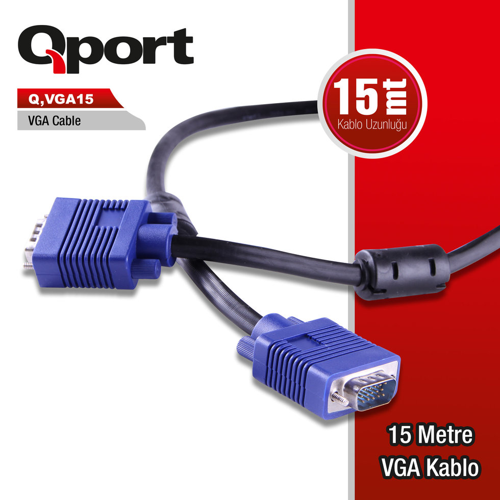 QPORT Q-VGA15 15 PİN FİTRELİ 15 METRE ERKEK ERKEK MONİTÖR KABLO