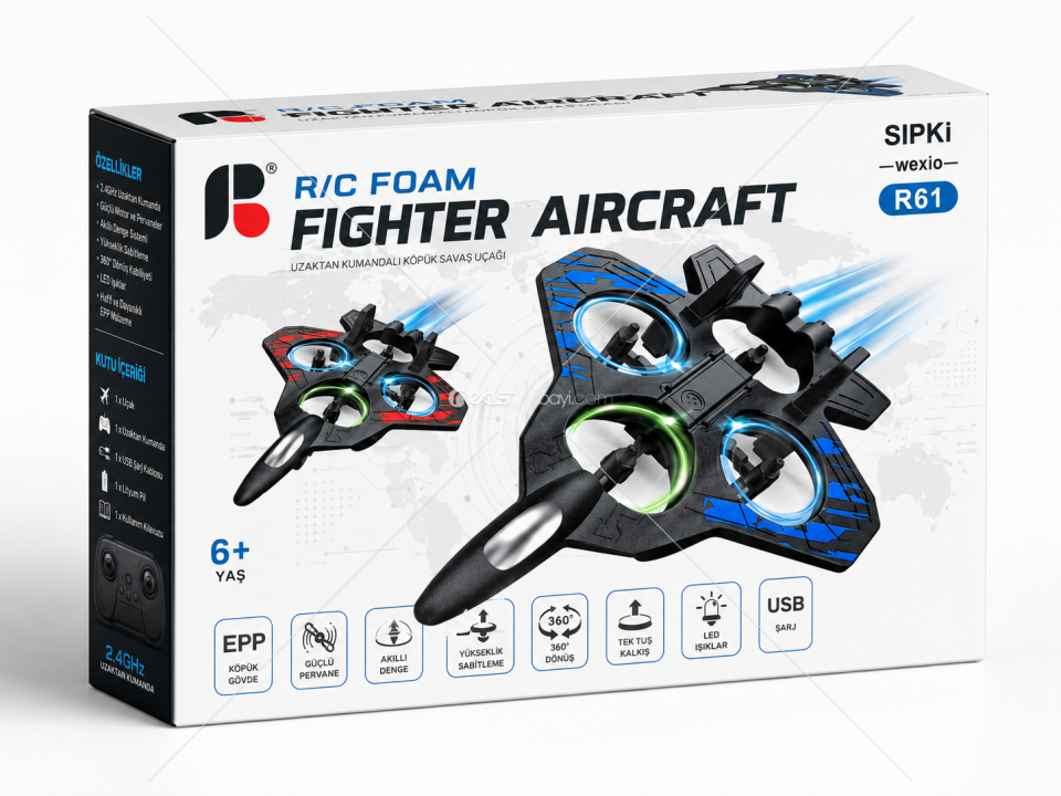 R61 RC SAVAŞ UÇAĞI DRONE – 2.4GHz UZAKTAN KUMANDALI, 360° AKROBATİK, LED IŞIKLI, İRTİFA SABİTLEMELİ EPP UÇAK