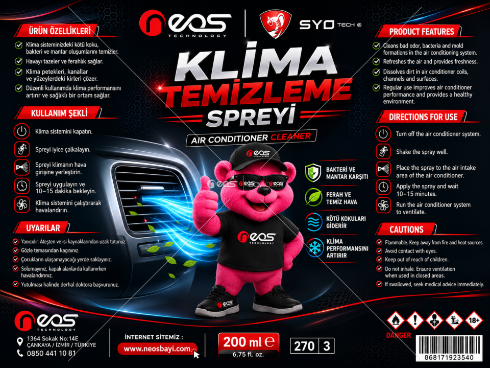 Klima Temizleme Spreyi 200 ML – Kötü Koku, Bakteri ve Mantar Karşıtı – Ferah ve Temiz Hava