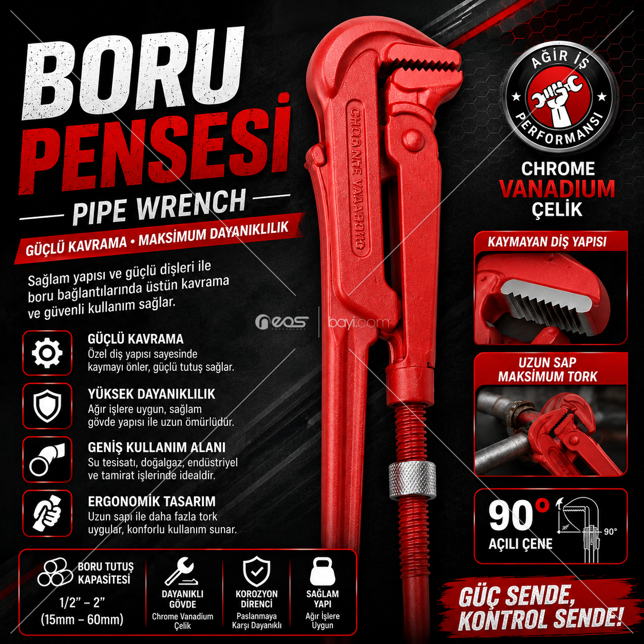 BORU PENSESİ – AĞIR İŞ TİPİ CHROME VANADIUM ÇELİK 90° AÇILI ÇENE