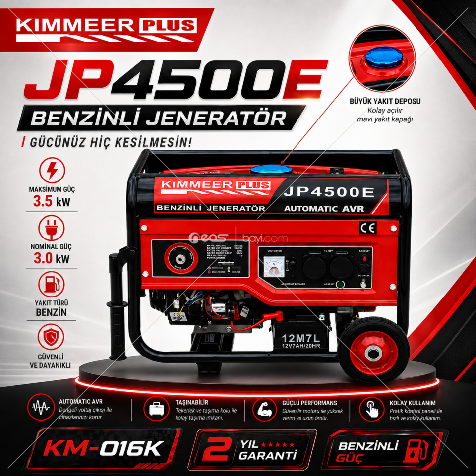 KIMMEER PLUS JP4500E 3.5 kW Benzinli Jeneratör – Otomatik AVR, Tekerlekli – KM-016K
