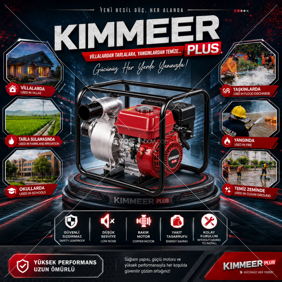 KIMMEER PLUS Benzinli Yüksek Performanslı Su Pompası – Tarla Sulama, Su Tahliye ve Yangın Müdahale
