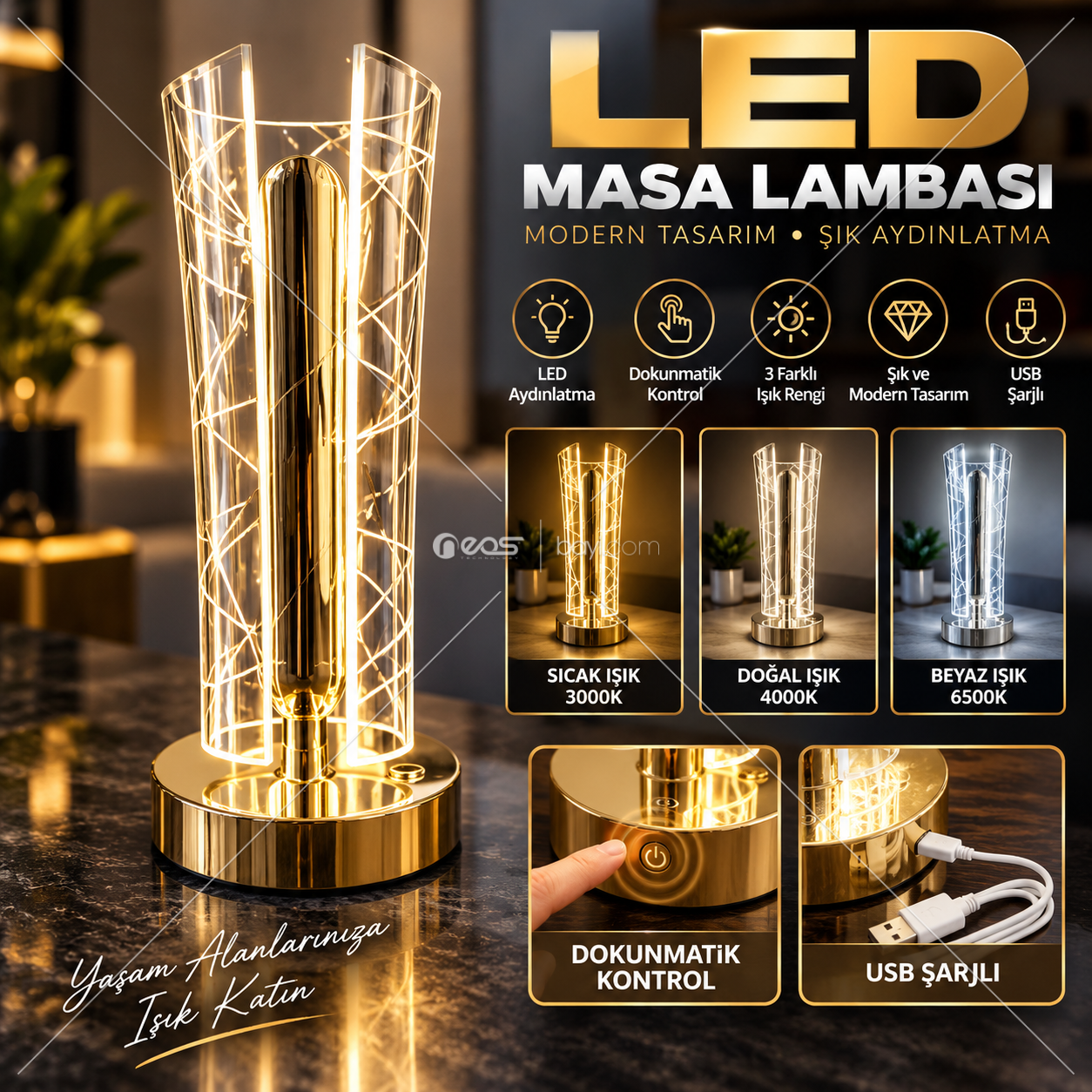 001-LED Masa Lambası – Dokunmatik Kontrollü, 3 Renk Işıklı, USB Şarjlı Modern Dekoratif Aydınlatma