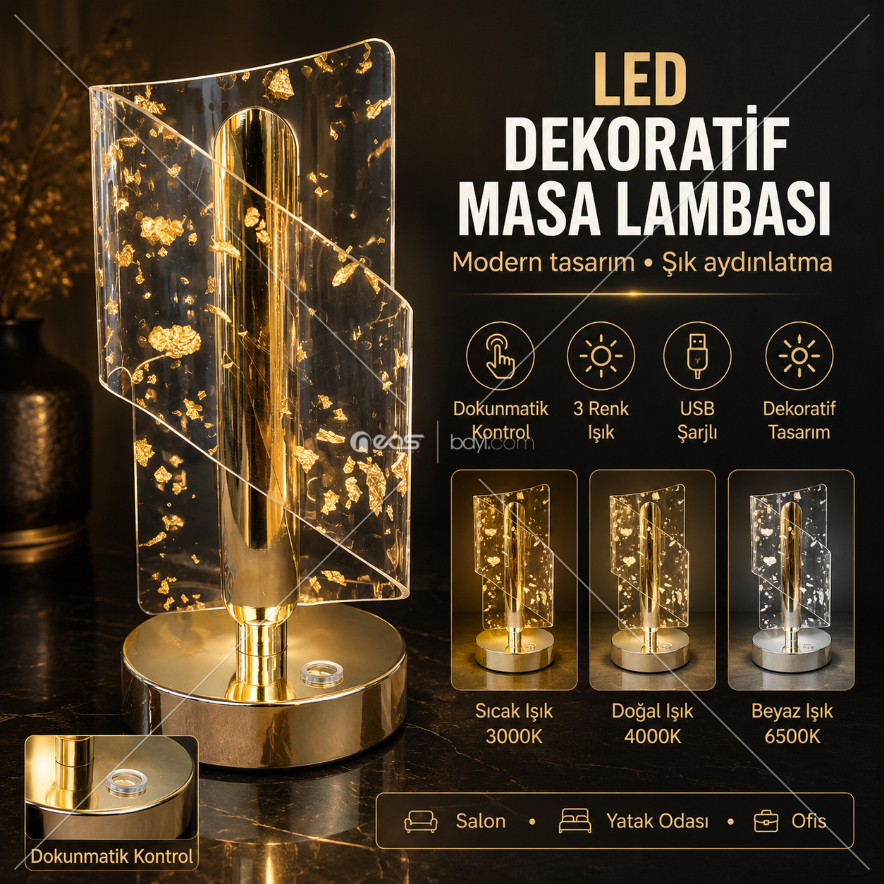002-LED Masa Lambası – Dokunmatik Kontrollü, 3 Renk Işıklı, USB Şarjlı Modern Dekoratif Aydınlatma