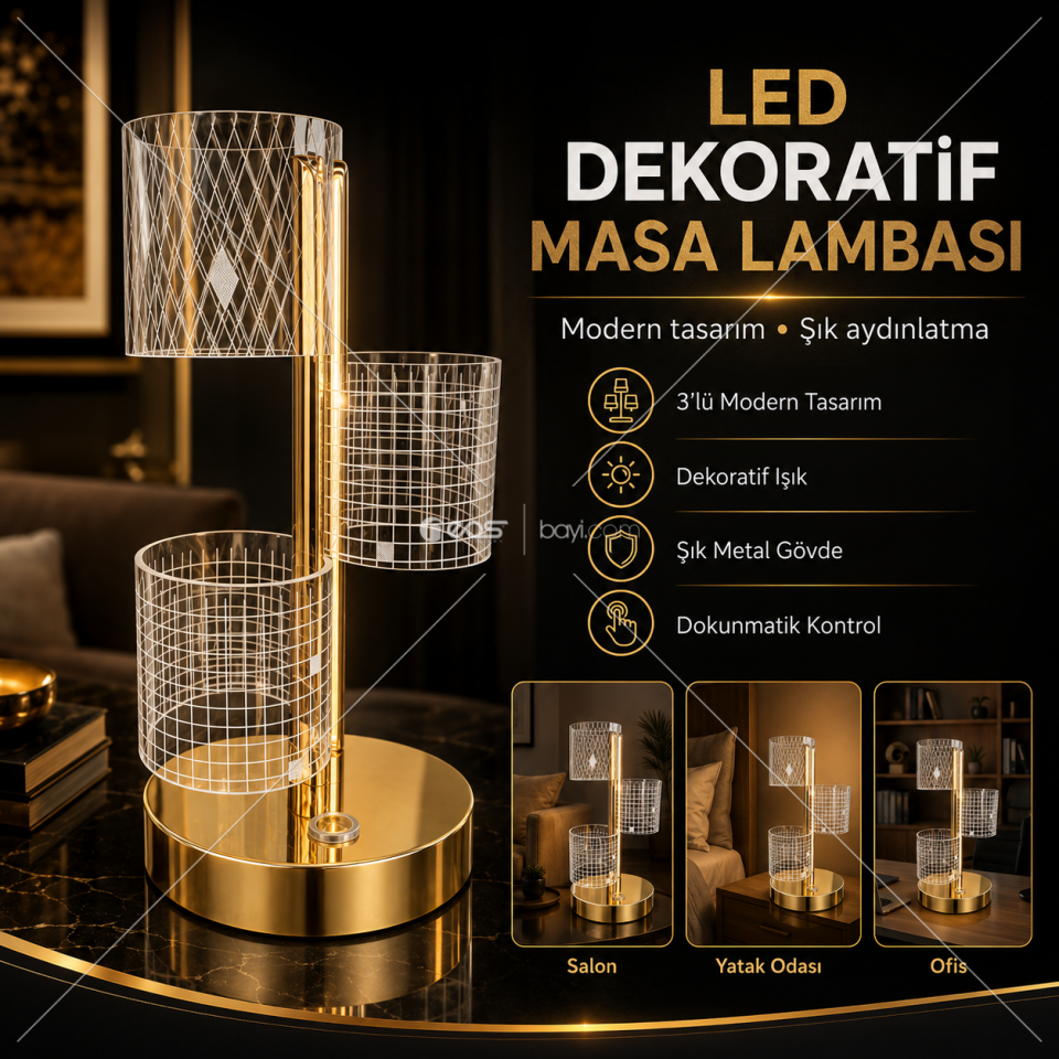 003-LED Masa Lambası – Dokunmatik Kontrollü, 3 Renk Işıklı, USB Şarjlı Modern Dekoratif Aydınlatma