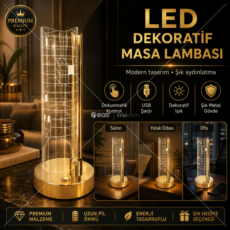 004-LED Masa Lambası – Dokunmatik Kontrollü, 3 Renk Işıklı, USB Şarjlı Modern Dekoratif Aydınlatma