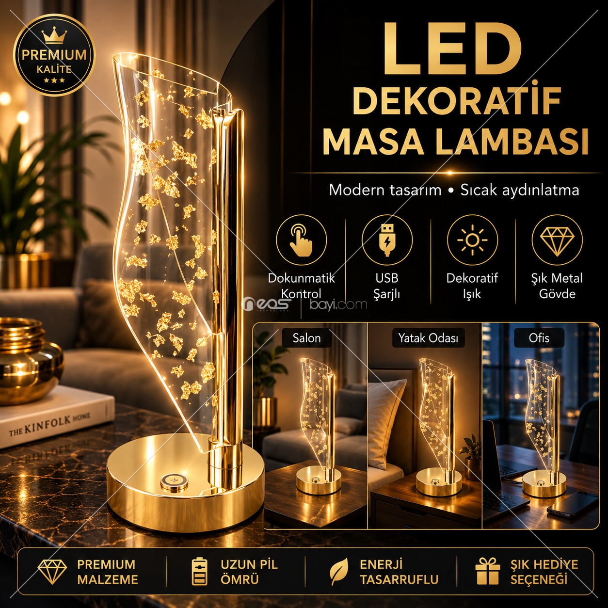 005-LED Masa Lambası – Dokunmatik Kontrollü, 3 Renk Işıklı, USB Şarjlı Modern Dekoratif Aydınlatma