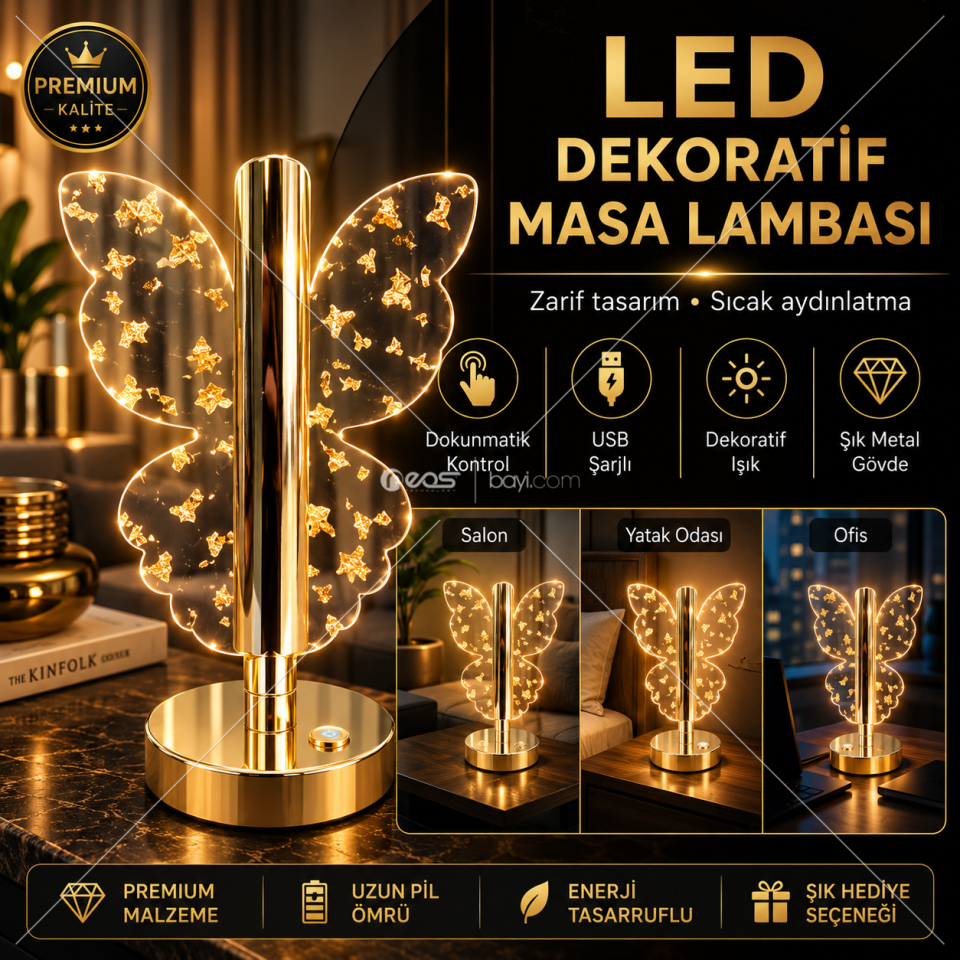 006-LED Masa Lambası – Dokunmatik Kontrollü, 3 Renk Işıklı, USB Şarjlı Modern Dekoratif Aydınlatma