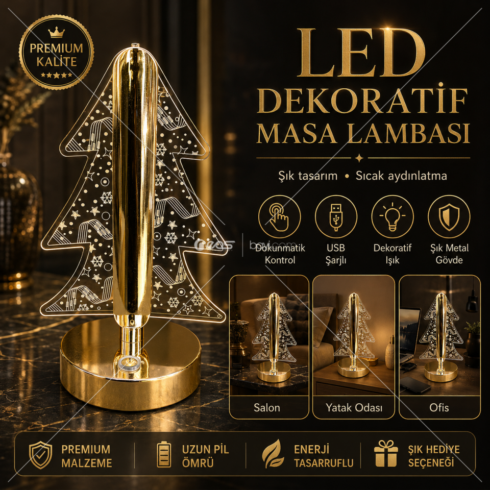 007-LED Masa Lambası – Dokunmatik Kontrollü, 3 Renk Işıklı, USB Şarjlı Modern Dekoratif Aydınlatma