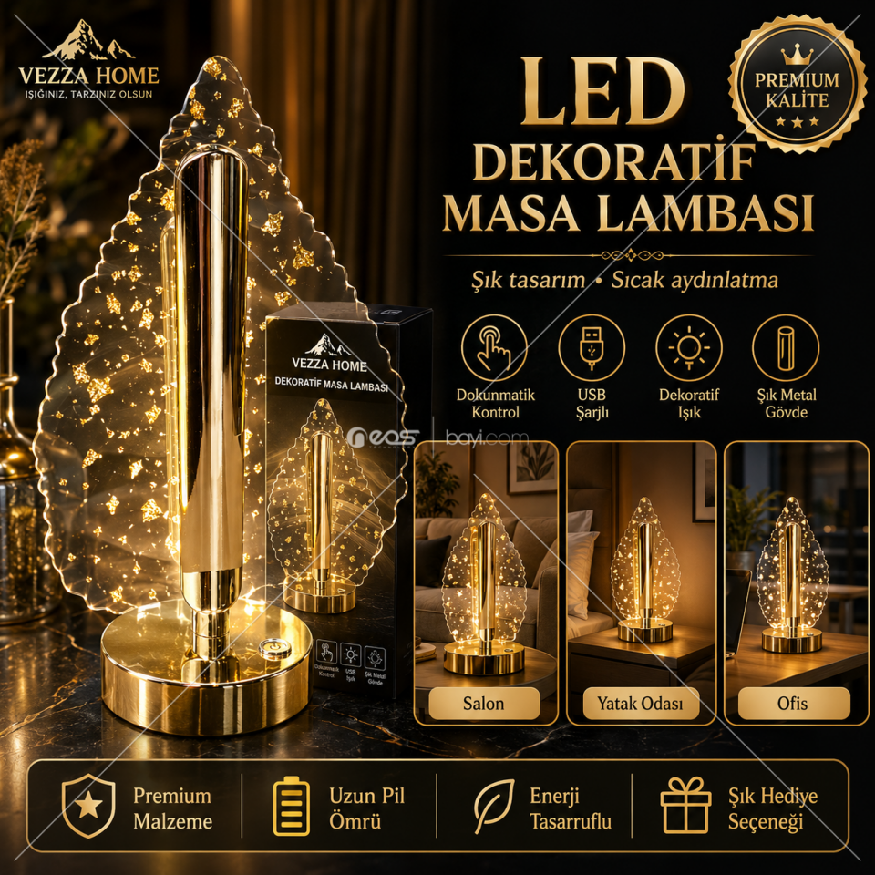008-LED Masa Lambası – Dokunmatik Kontrollü, 3 Renk Işıklı, USB Şarjlı Modern Dekoratif Aydınlatma