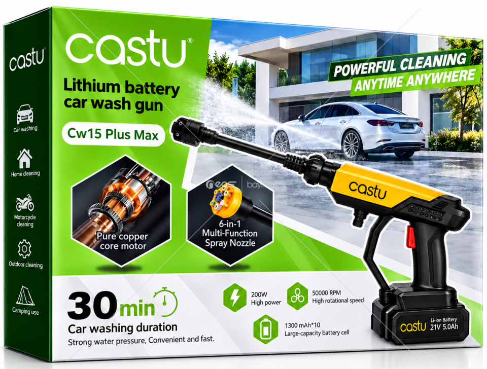 CASTU CW15 PLUS MAX 200W ŞARJLI BASINÇLI OTO YIKAMA TABANCASI – 6 FONKSİYONLU BAŞLIK