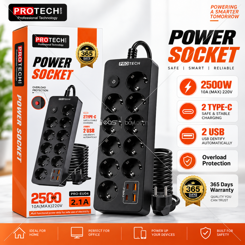 PROTECH PRO-EU04 10’lu Akım Korumalı Uzatma Prizi – 2500W 10A, 2 USB + 2 Type-C Hızlı Şarj