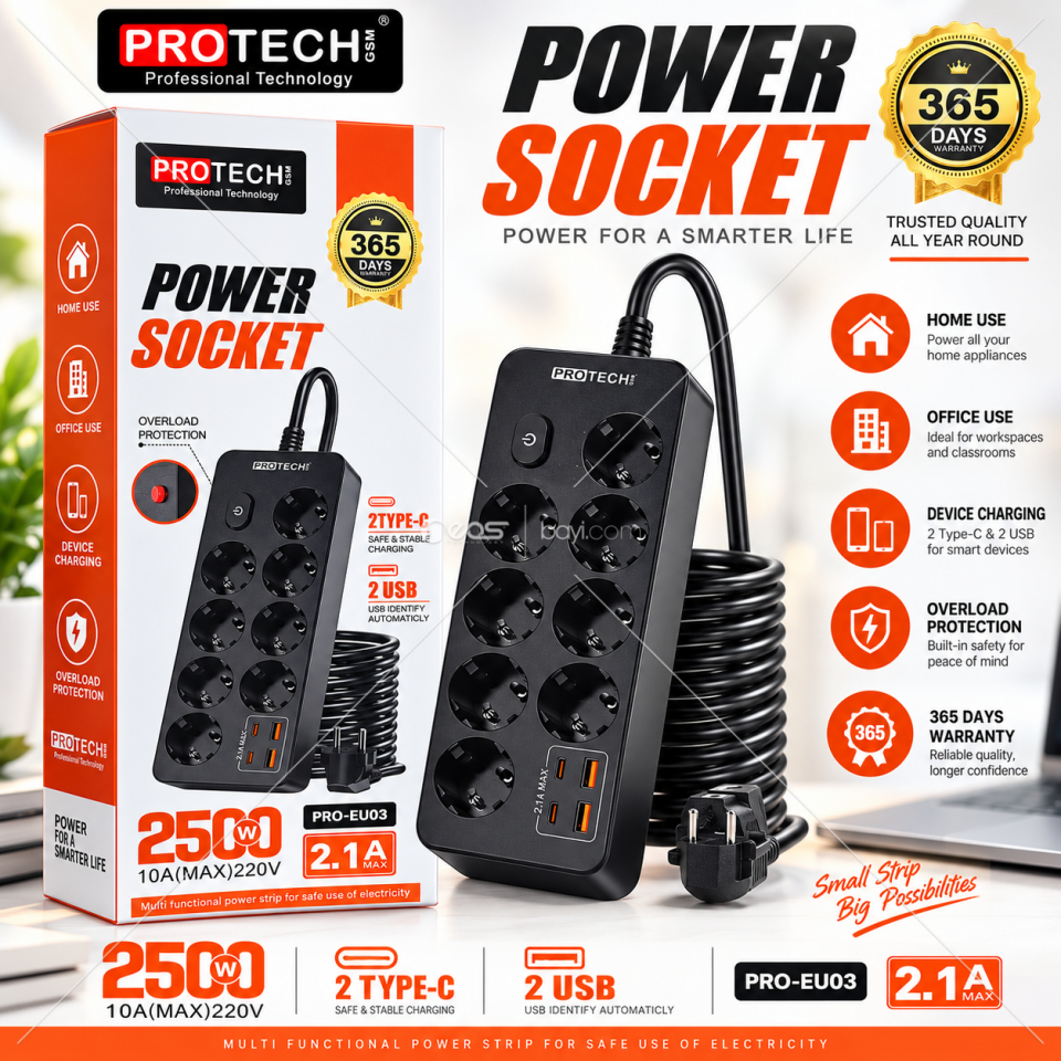 PROTECH PRO-EU03 8’li Akım Korumalı Uzatma Prizi – 2500W 10A, 2 USB + 2 Type-C Şarj Destekli
