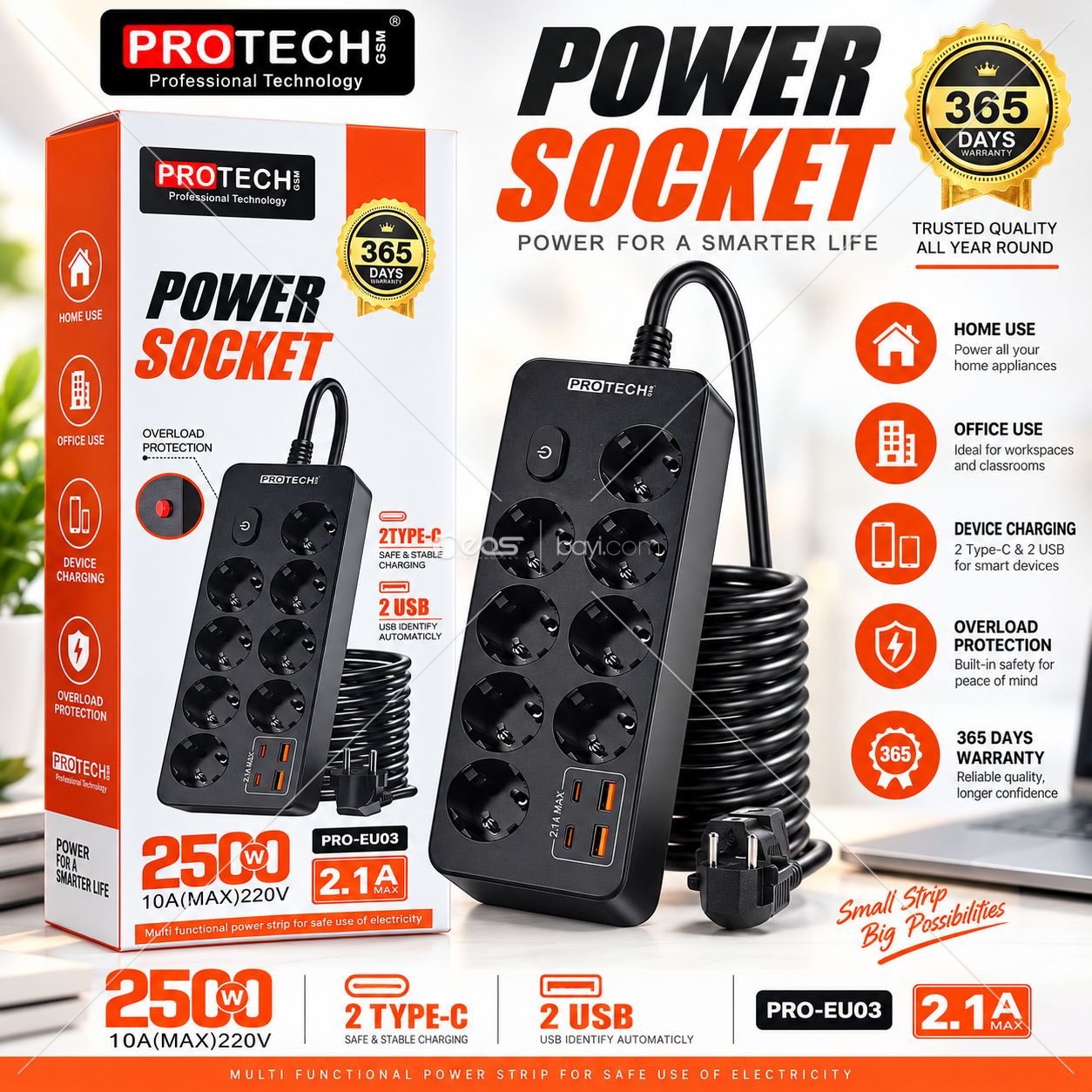 PROTECH PRO-EU03 8’li Akım Korumalı Uzatma Prizi – 2500W 10A, 2 USB + 2 Type-C Şarj Destekli