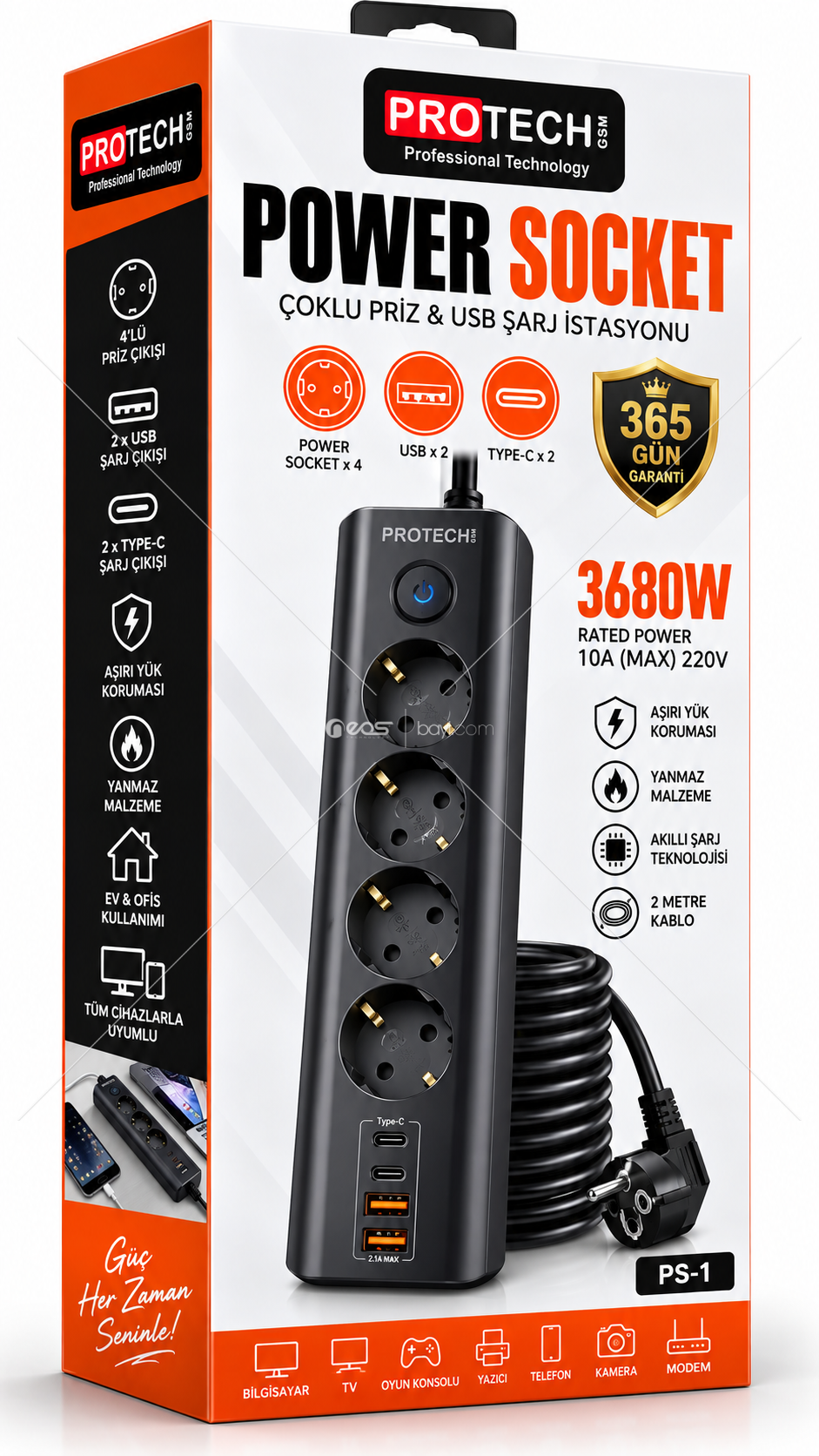 PROTECH PS-1 4’lü Akım Korumalı Uzatma Prizi – 3680W, 2 USB + 2 Type-C, 2 Metre Kablo