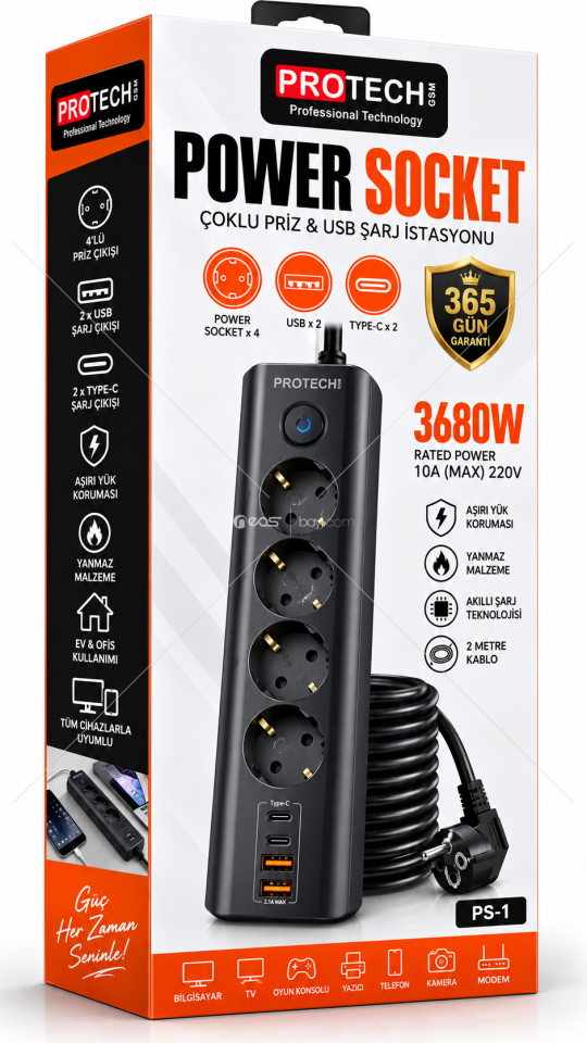 PROTECH PS-1 4’lü Akım Korumalı Uzatma Prizi – 3680W, 2 USB + 2 Type-C, 2 Metre Kablo