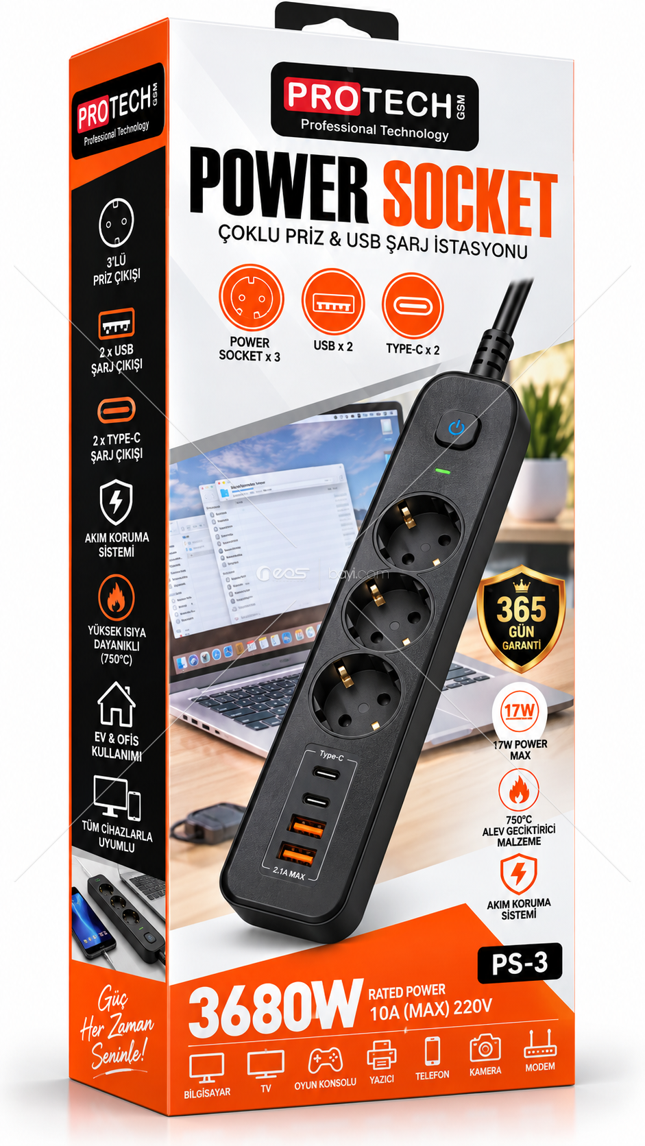 PROTECH PS-3 3’lü Akım Korumalı Uzatma Prizi – 3680W, 2 USB + 2 Type-C, 17W Şarj Destekli