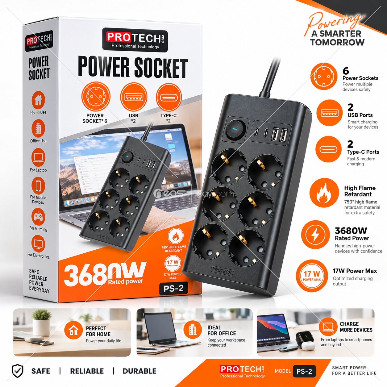 PROTECH PS-2 6’lı Akım Korumalı Uzatma Prizi – 3680W, 2 USB + 2 Type-C, 17W Şarj Destekli