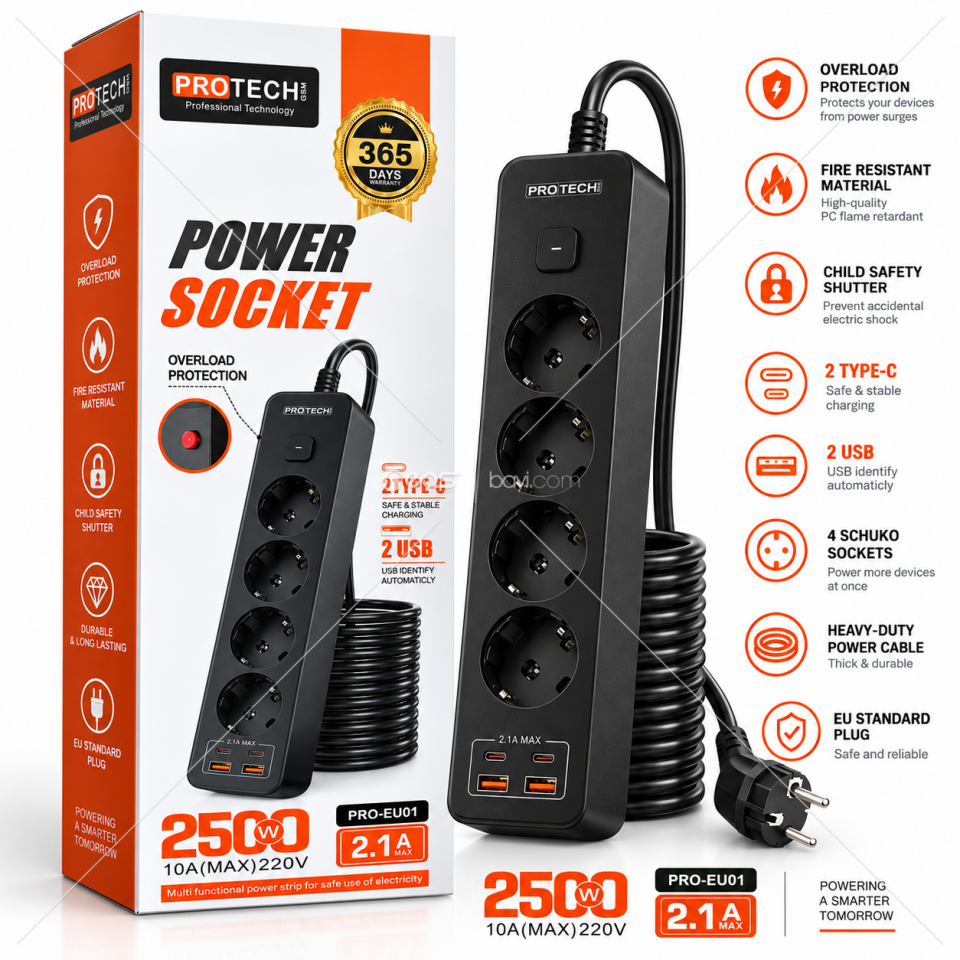 PROTECH PRO-EU01 4’lü Akım Korumalı Uzatma Prizi – 2500W 10A, 2 USB + 2 Type-C, Çocuk Korumalı