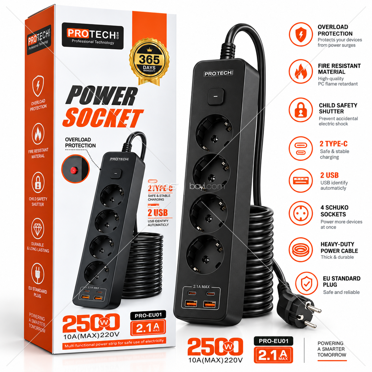 PROTECH PRO-EU01 4’lü Akım Korumalı Uzatma Prizi – 2500W 10A, 2 USB + 2 Type-C, Çocuk Korumalı