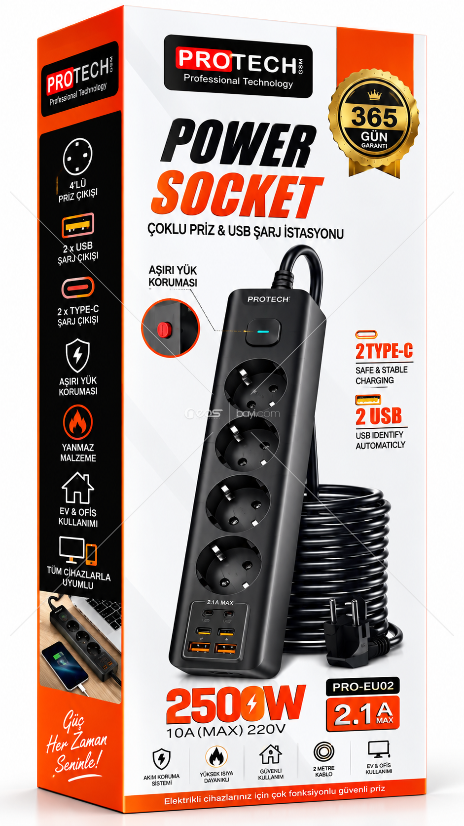 PROTECH PRO-EU02 4’lü Akım Korumalı Uzatma Prizi – 2500W 10A, 2 USB + 2 Type-C, 2 Metre Kablo
