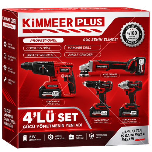 KİMMER PLUS 21V 4’LÜ PROFESYONEL LİTYUM ŞARJLI EL ALETLERİ SETİ – 3 BATARYALI ÇANTALI SET