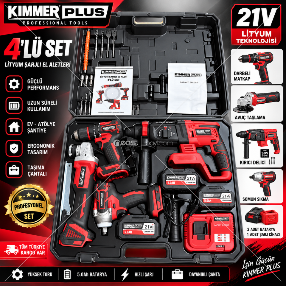 KİMMER PLUS 21V 4’LÜ PROFESYONEL LİTYUM ŞARJLI EL ALETLERİ SETİ – 3 BATARYALI ÇANTALI SET