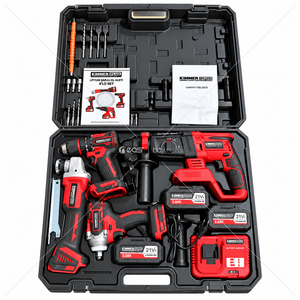 KİMMER PLUS 21V 4’LÜ PROFESYONEL LİTYUM ŞARJLI EL ALETLERİ SETİ – 3 BATARYALI ÇANTALI SET