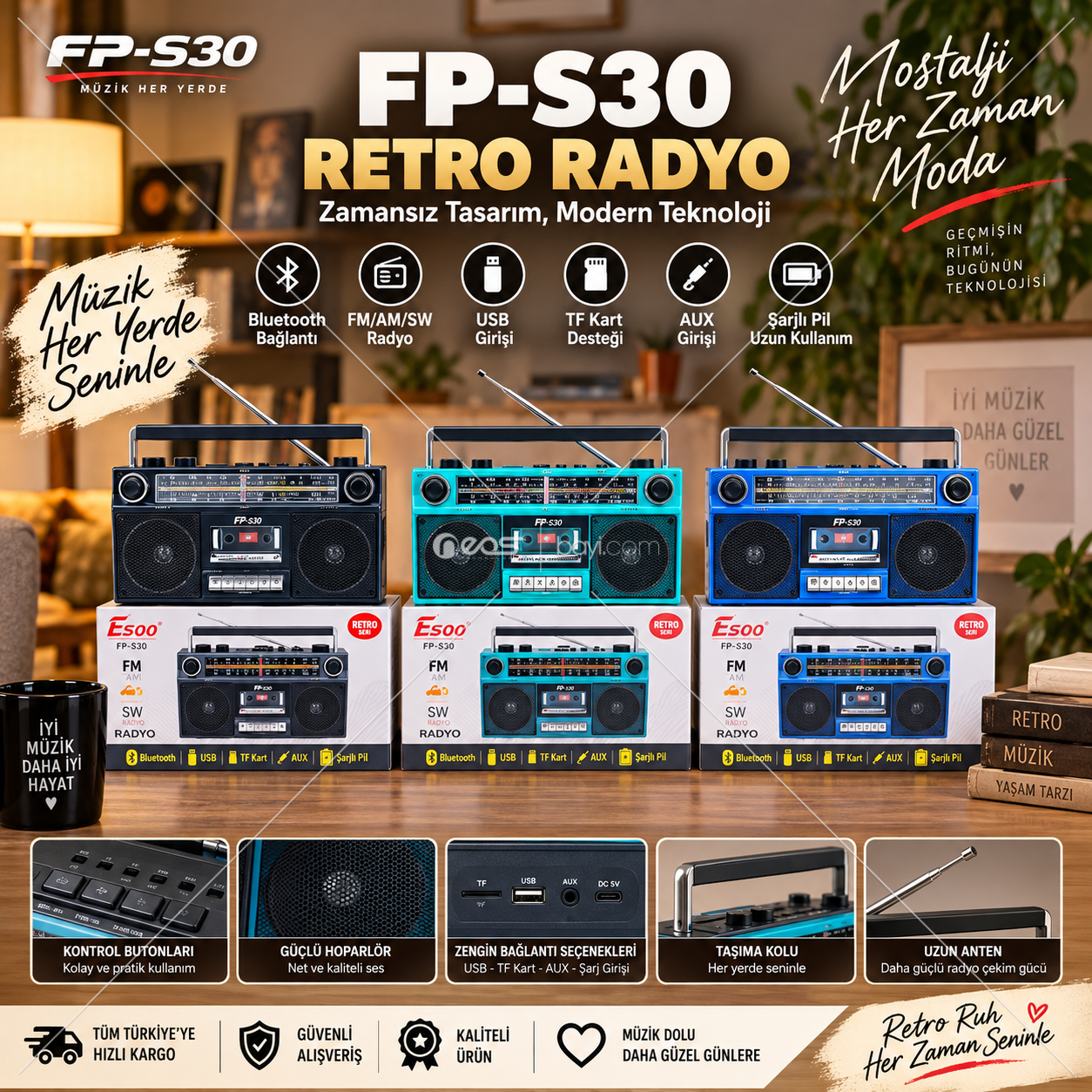O-KAM OK-FP-830 Retro Bluetooth Müzik Kutusu – FM/AM/SW Radyo, USB, TF Kart, AUX, Şarjlı Taşınabilir Radyo