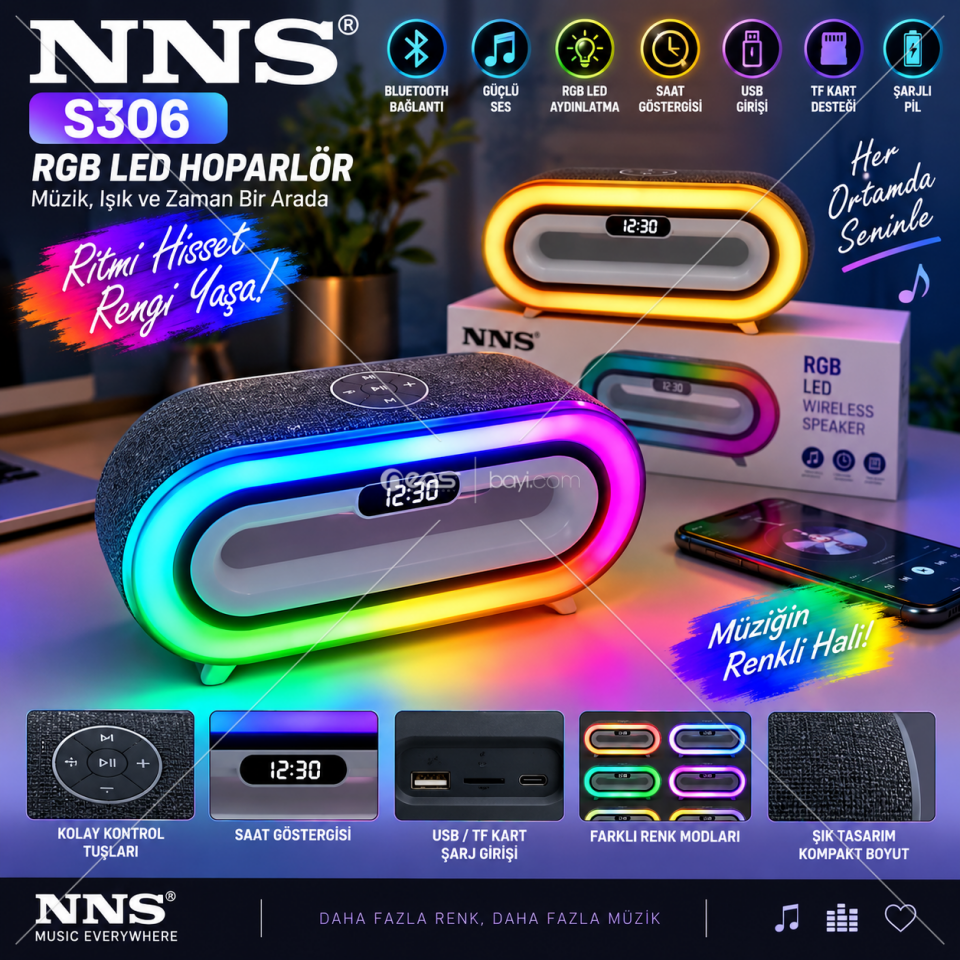 O-KAM OK-S306 RGB LED Bluetooth Müzik Kutusu – Saat Göstergeli, USB/TF Kart Destekli, Şarjlı Kablosuz Hoparlör