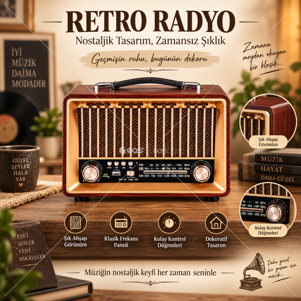 O-KAM OK-R-1918BT Bluetooth Retro Müzik Kutusu – FM/AM/SW Radyo, USB/TF Kart Destekli, AUX Girişli, Şarjlı Taşınabilir Hoparlör