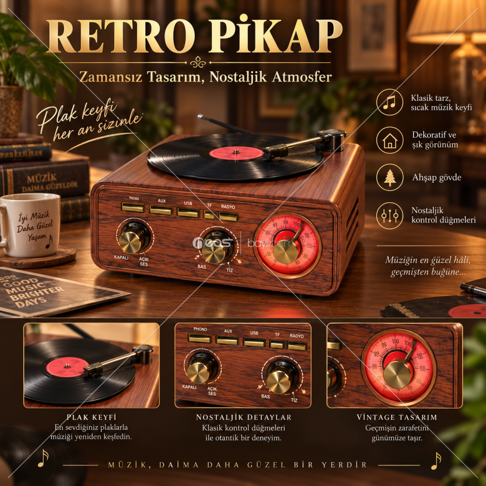 O-KAM OK-MD-1317BT Bluetooth Retro Plak Çalar Müzik Kutusu – Radyo, USB/TF Kart, AUX Girişli, Ahşap Görünümlü Nostaljik Müzik Sistemi