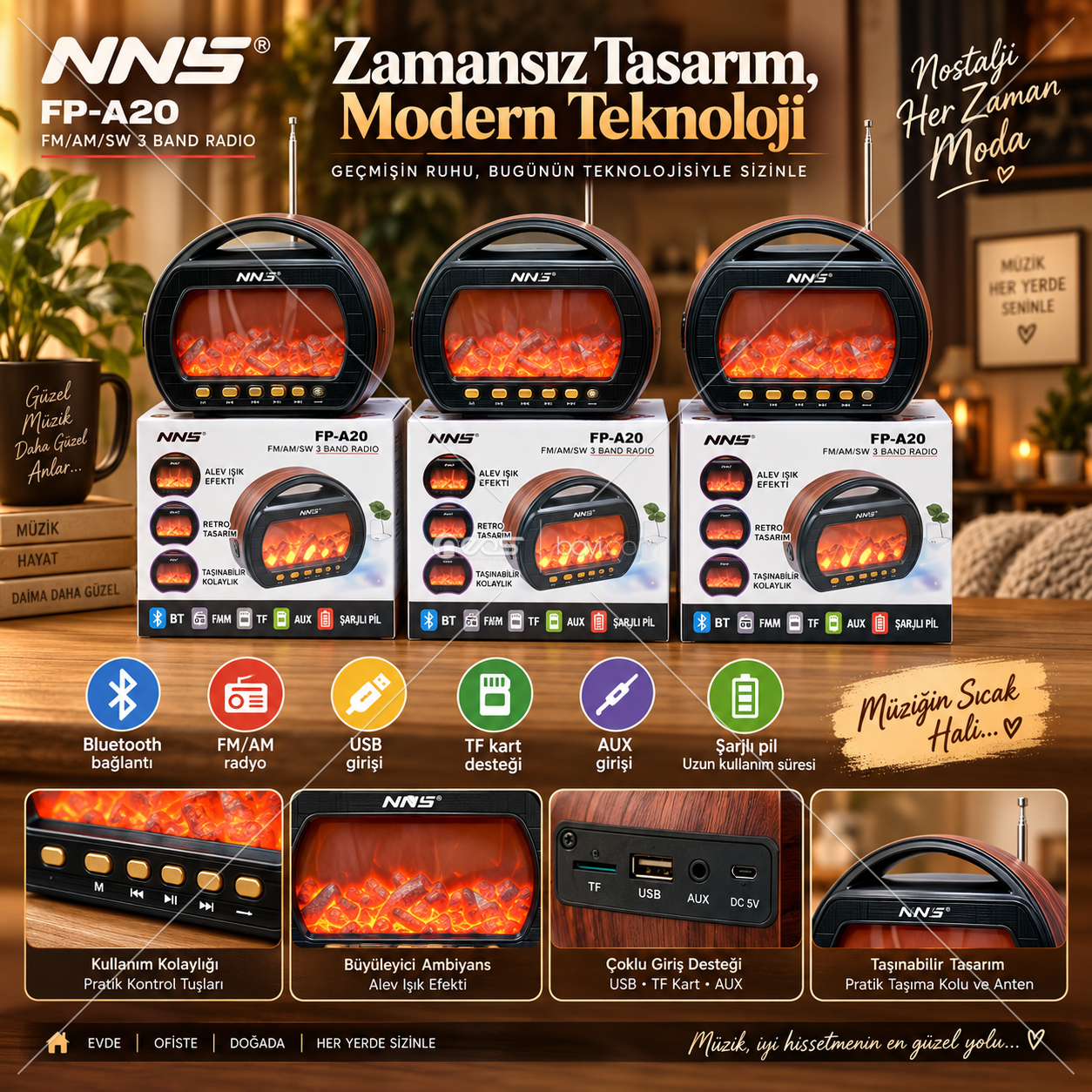 O-KAM OK-FP-535 Alev Efektli Retro Bluetooth Radyo Müzik Kutusu