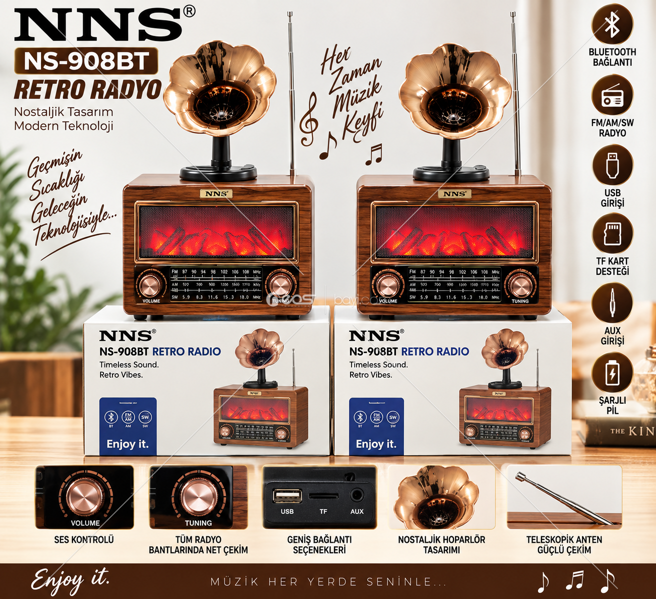 O-KAM OK-NS-02BT BLUETOOTH RETRO GRAMOFON TASARIMLI ŞARJLI RADYO & MÜZİK KUTUSU – USB / TF KART / AUX / FM-AM-SW